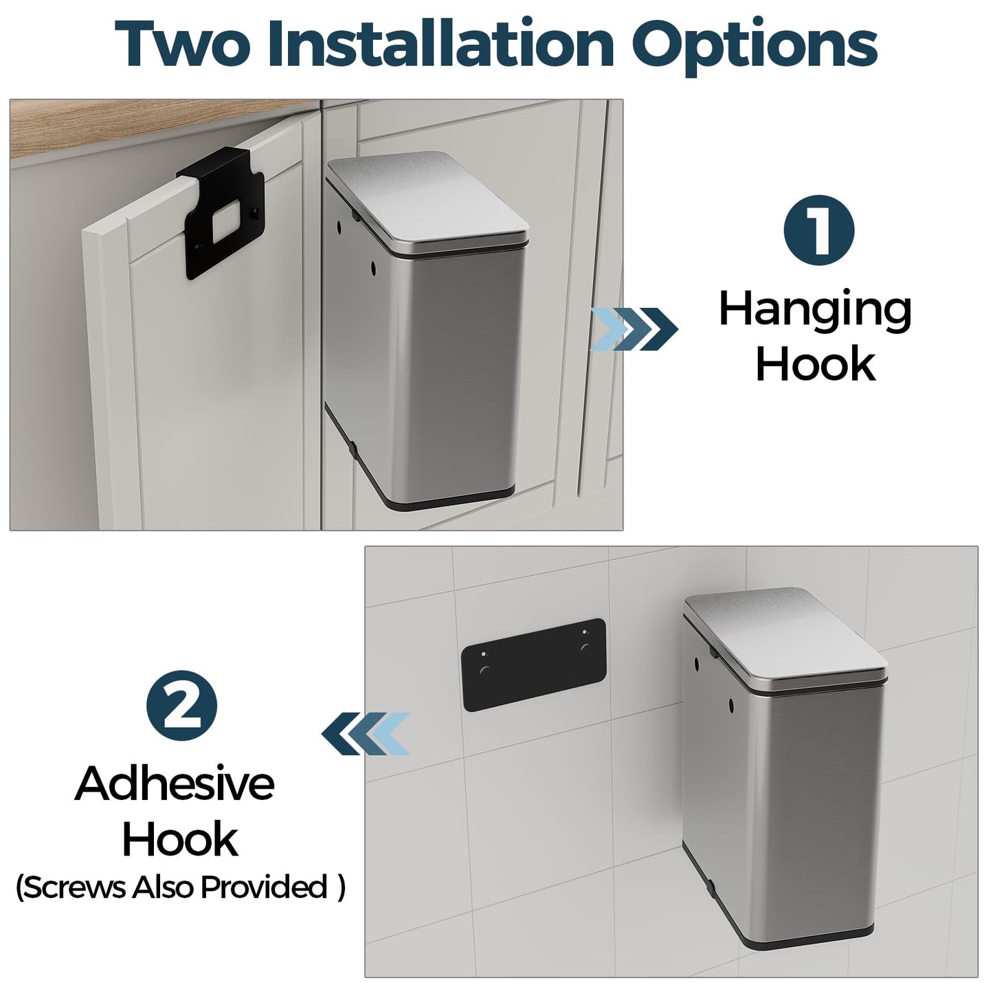 LINSSEN Stainless Steel Hanging Trash Can with Lid and Inner Bucket, 2 Gallon Kitchen Compost Bin for Counter Top, Under Sink or Wall Mount, Small Garbage Can for Cupboard/Bathroom/Bedroom/RV