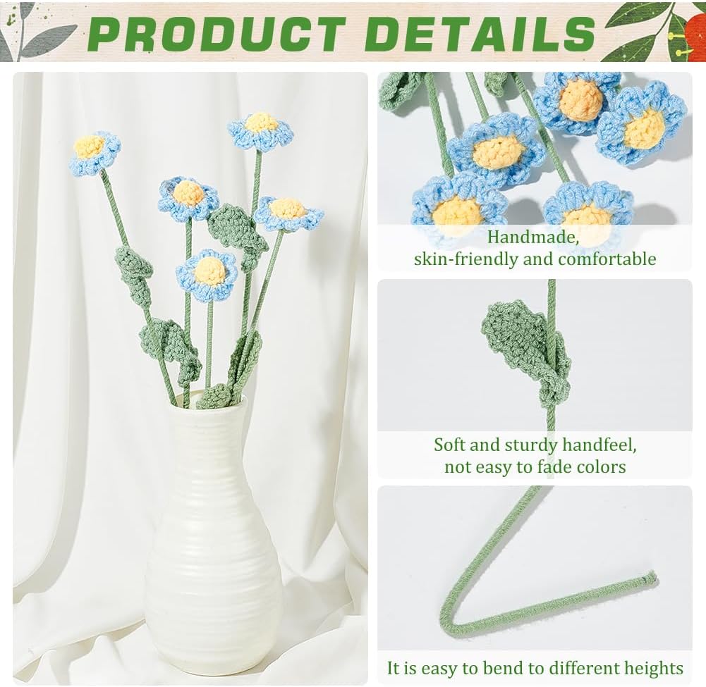FINGERINSPIRE 5 pcs Handmade Crochet Daisy Flower Bouquet, Light Sky Blue Knitted Cotton Artificial Flowers for Home