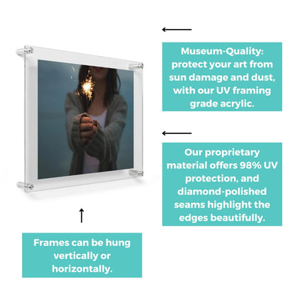 Wexel Art 20x20" Clear UV Grade Acrylic Floating Picture Frame Double Panel Photo Display with Silver Hardware for Hanging Contemporary Art and Images on Wall
