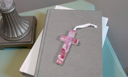 First Communion Gift for Girl, Handmade in USA Pink Mosaic Glass Cross with Sentiment
