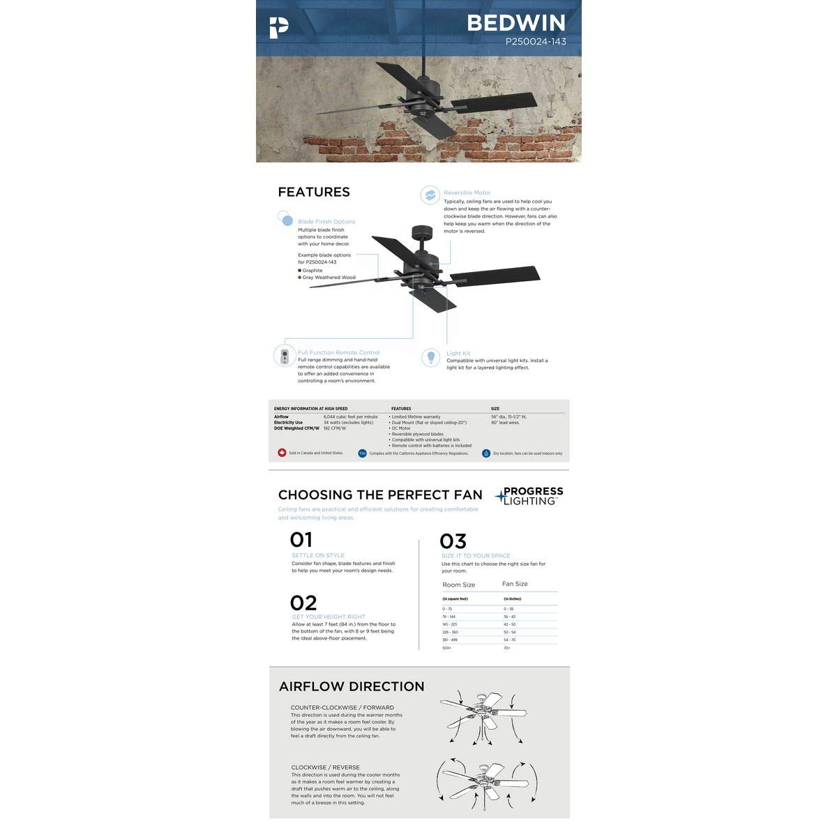 Progress Lighting Bedwin Collection 56" Four-Blade Graphite Ceiling Fan