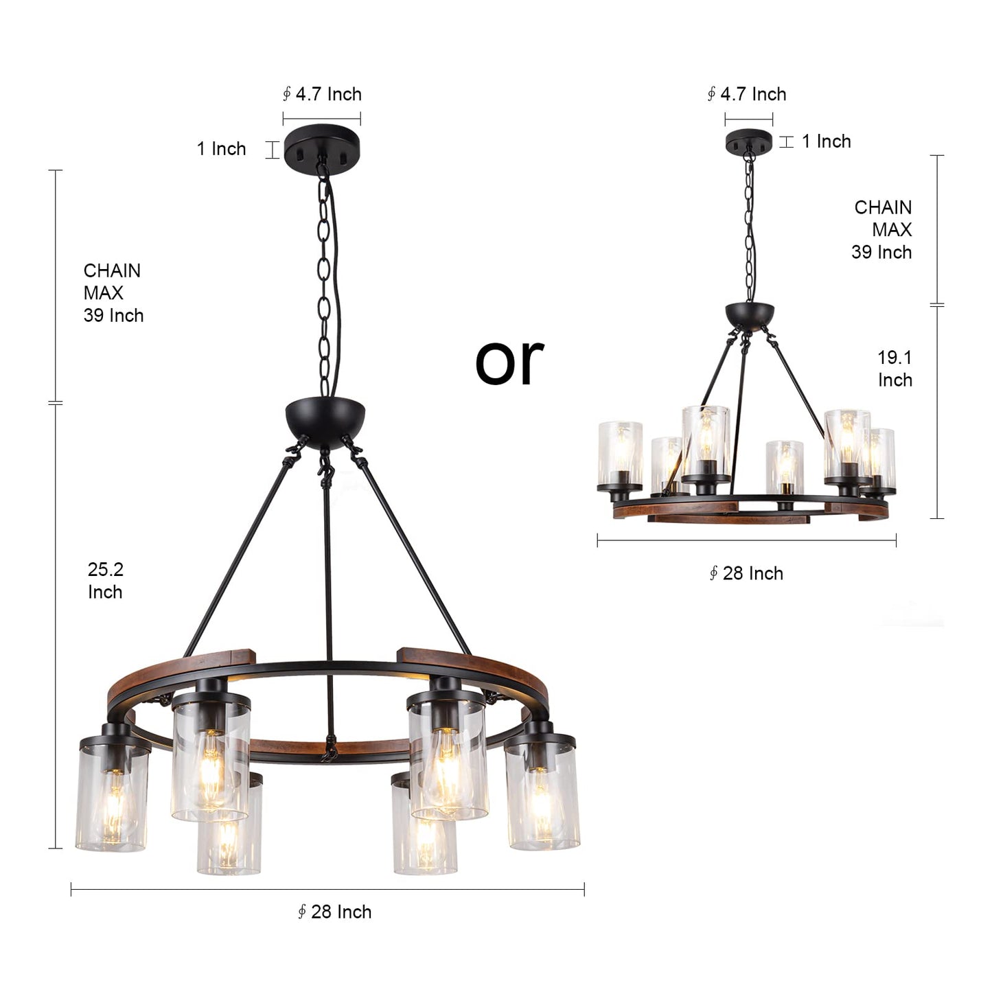 NSRCE 28-Inch Wagon Wheel Chandelier, 6-Light Farmhouse Dining Room Light Fixture Over Table, Round Matte Black Rustic Wood Ceiling Hanging Pendant Light with Clear Glass Shade