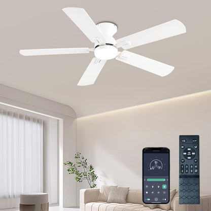 GJeg Ceiling Fans with Lights, 52 Inch Low Profile Ceiling Fan with Light and Remote, Flush Mount Ceiling Fan, 3CCT, Dimmable, Noiseless, Ceiling Light Fan for Bedroom, Indoor/Outdoor Use,White