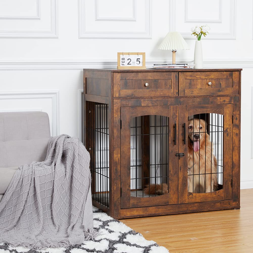 Dog Crate Furniture with Double Drawers, Wooden End Table Dog Kennel, Furniture Style Wood House Crate for Large Dogs, Decorative Dog Crate with Storage for Large Breed, 40 Inch Retro