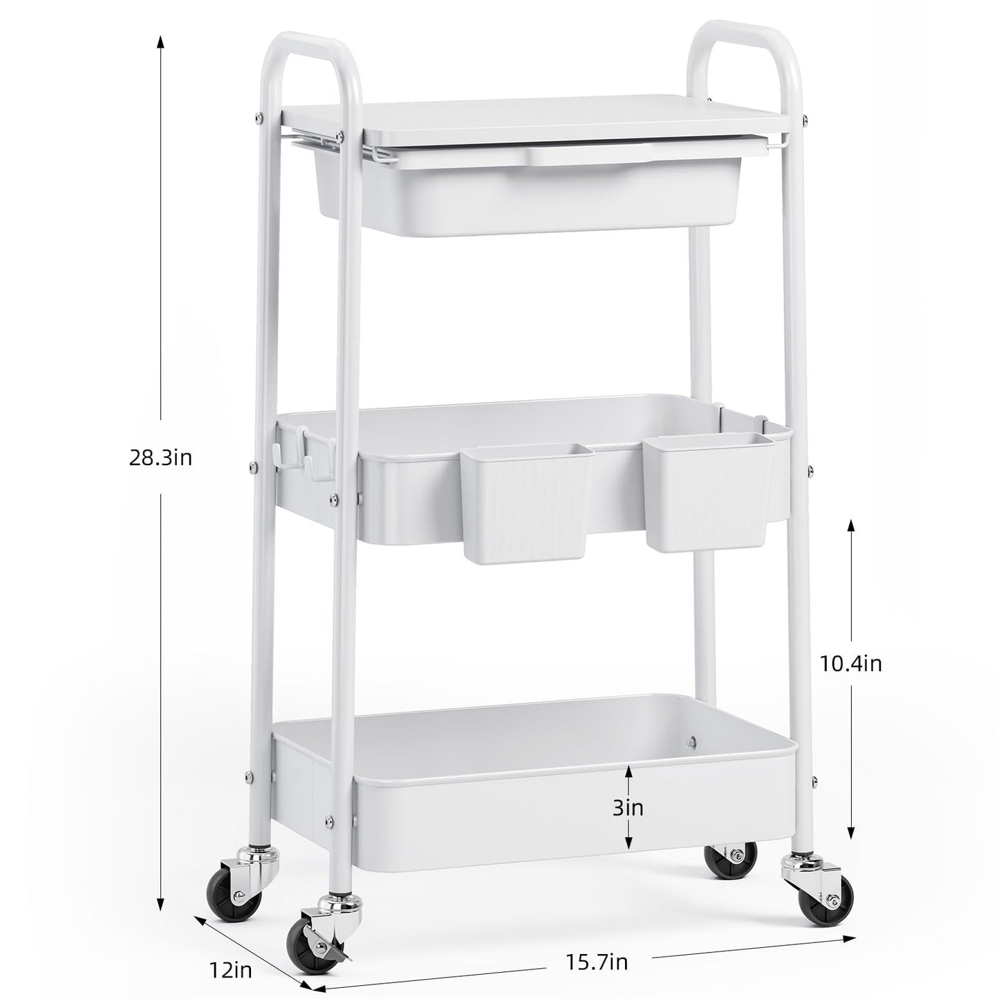3 Tier Metal Rolling Utility Cart with Drawer & Lockable Wheels - Heavy Duty Multifunctional Storage Organizer with 2 Cups and 4 Hooks for Bathroom, Kitchen, Snack, Craft, Makeup, Baby Essentials