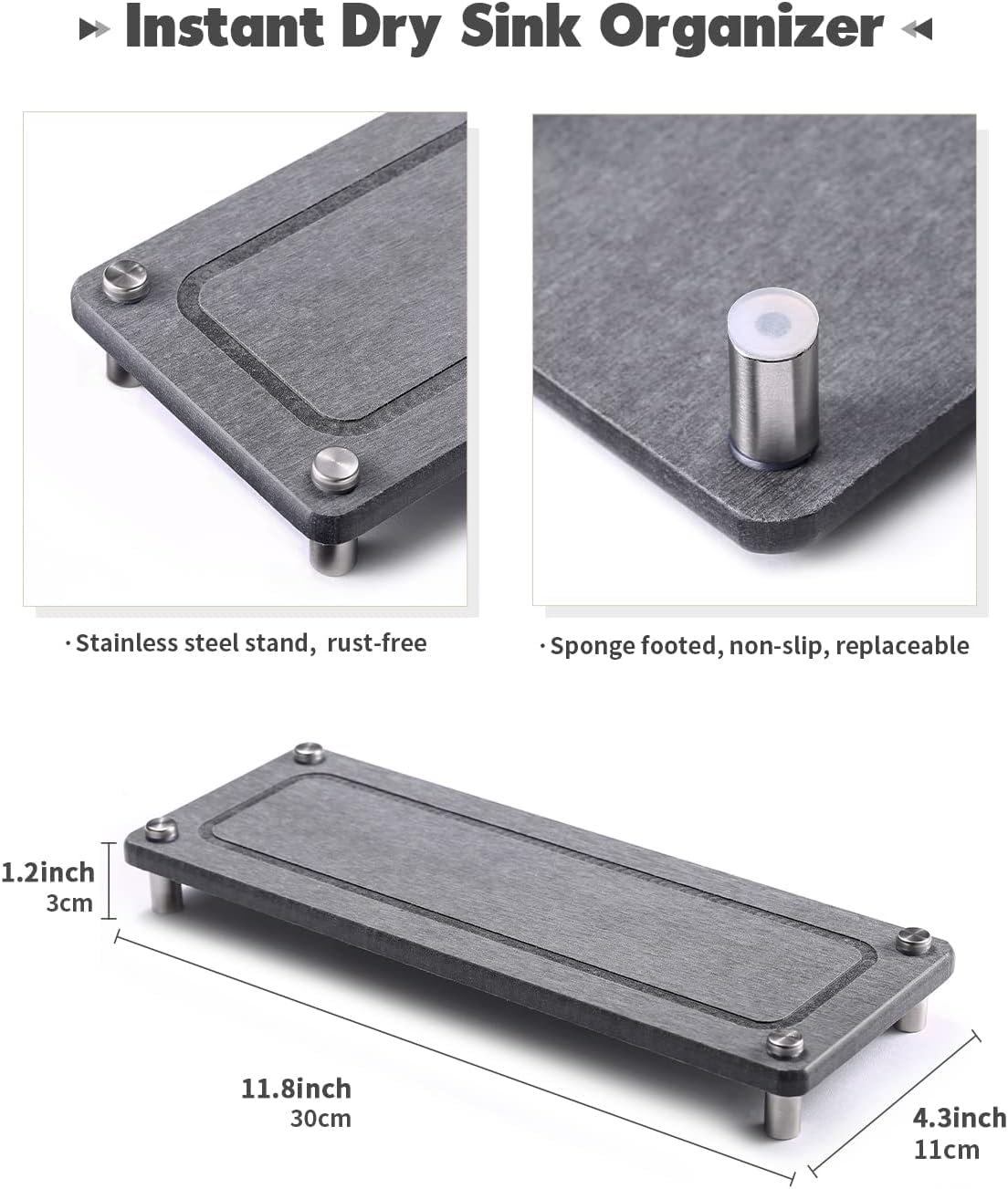 Johamoo Kitchen Sink Caddy Water Absorbing Stone Tray For Sink, Diatomite Bathroom Countertop Tray Organizer, Faucet Stone Drying Mat Coaster Soap Dish Sponge Dispenser Holder (Grey)