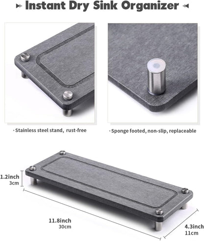 Johamoo Kitchen Sink Caddy Water Absorbing Stone Tray For Sink, Diatomite Bathroom Countertop Tray Organizer, Faucet Stone Drying Mat Coaster Soap Dish Sponge Dispenser Holder (Grey)
