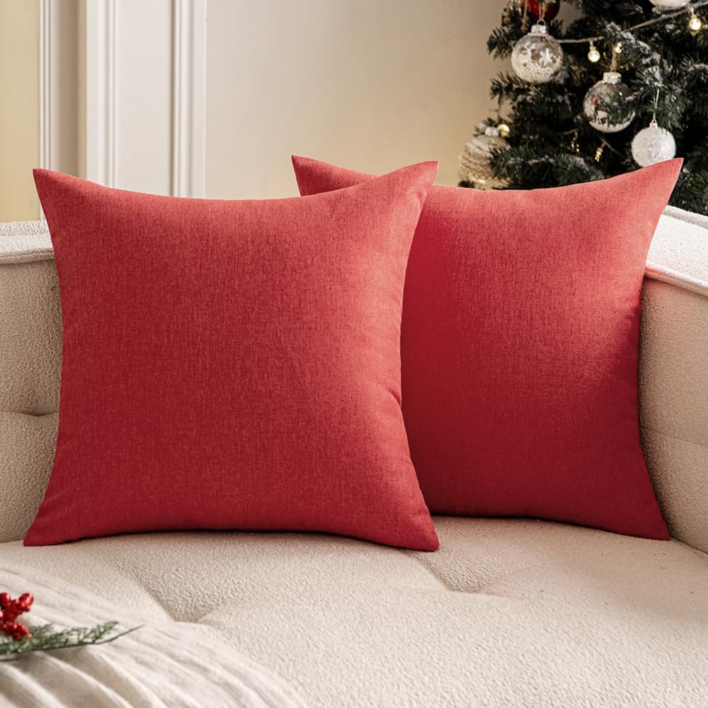 Woaboy Set of 2 Red Outdoor Throw Pillow Covers, Decorative Waterproof Farmhouse Linen Cushion Cases 16x16 inch