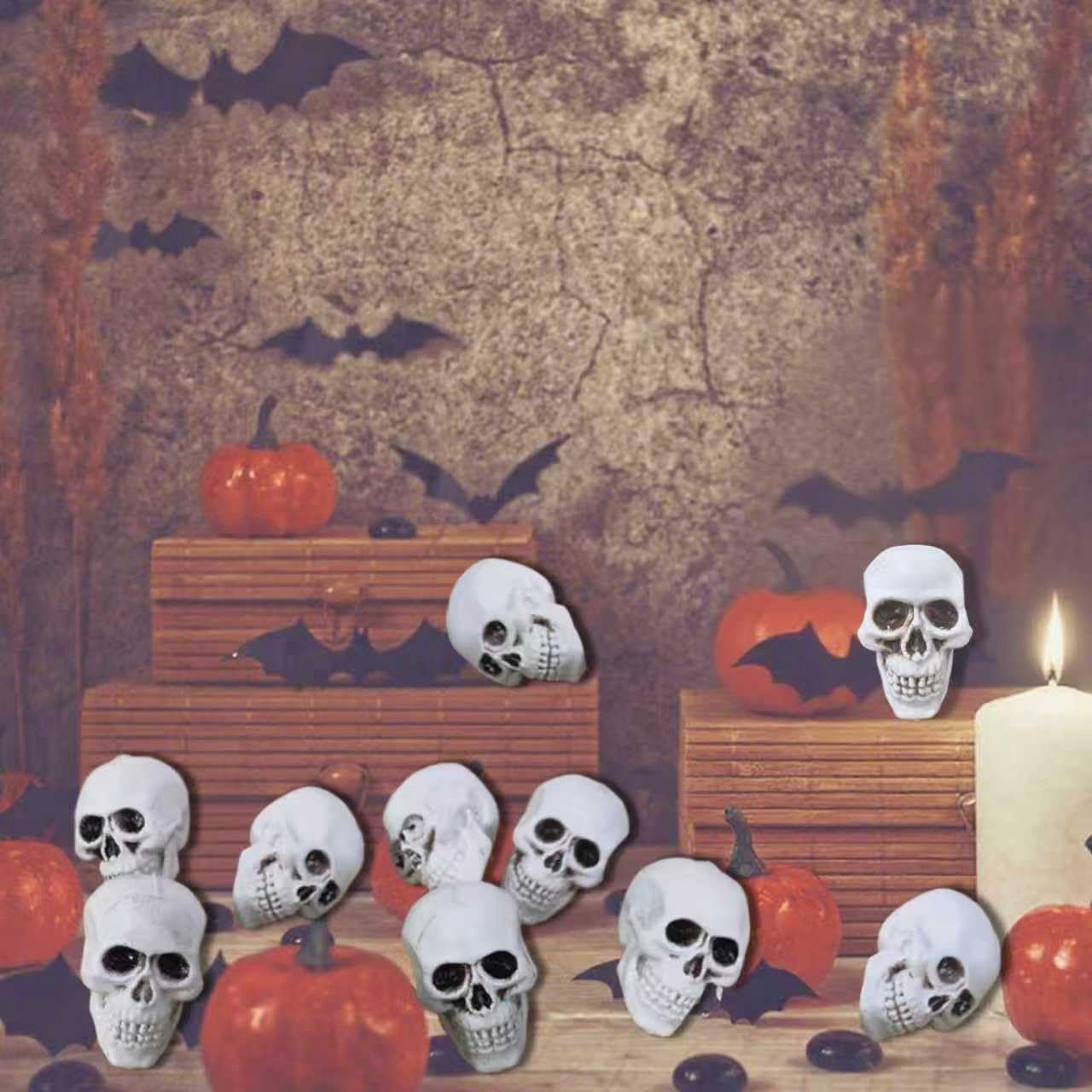 Zonlianxin Realistic Small Skeleton Heads 10pcs, Spooky Plastic Skulls for Halloween Decorations, Haunted House Props, Garden & Party Table Decor