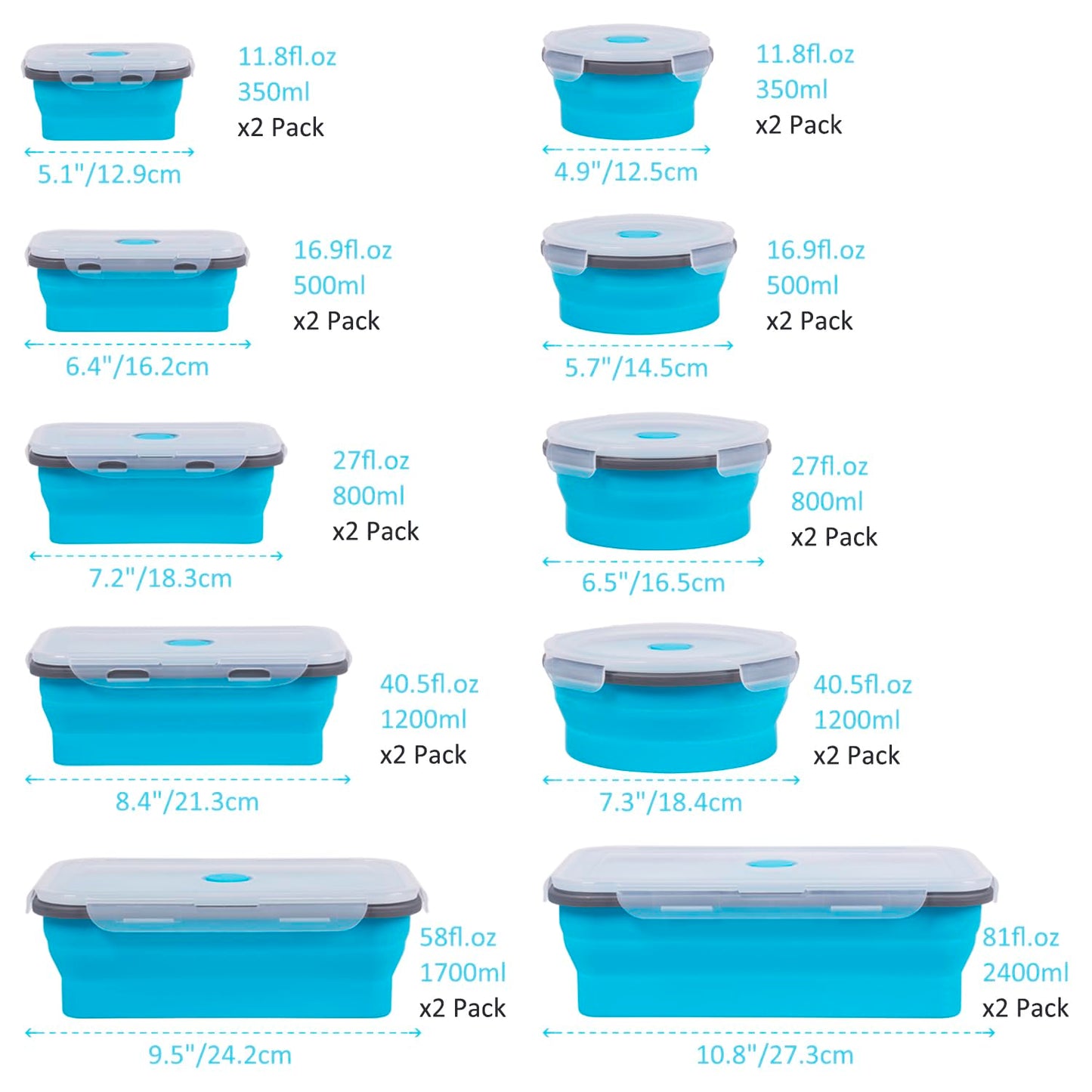 Collapsible Food Storage Containers with Lids 20 Pack(81oz/58oz Extra Large Included), 12 Rectangular+8 Round, Annaklin Silicone Collapsible Food Containers Sets Microwave Freezer Dishwasher Safe Blue