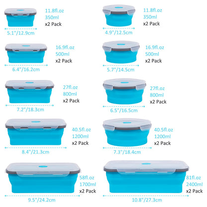 Collapsible Food Storage Containers with Lids 20 Pack(81oz/58oz Extra Large Included), 12 Rectangular+8 Round, Annaklin Silicone Collapsible Food Containers Sets Microwave Freezer Dishwasher Safe Blue