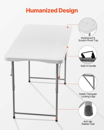 VEVOR Folding Table, Heavy Duty Portable Fold-in-Half Utility Table, Indoor Outdoor Plastic Rectangle Table with Built in Handle, for Party, Dining, Wedding, Events, Picnic, Camping, 4 ft, White