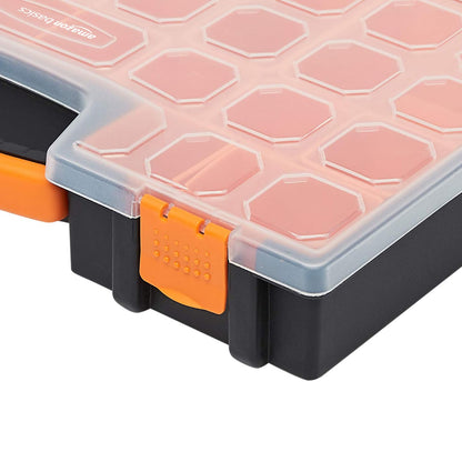 Amazon Basics 19-Removable Compartment Small Parts Organizer, Portable Hardware Storage Box with Customizable Compartments, Black, Orange, 16.5 x 13.2 x 2.4 inches