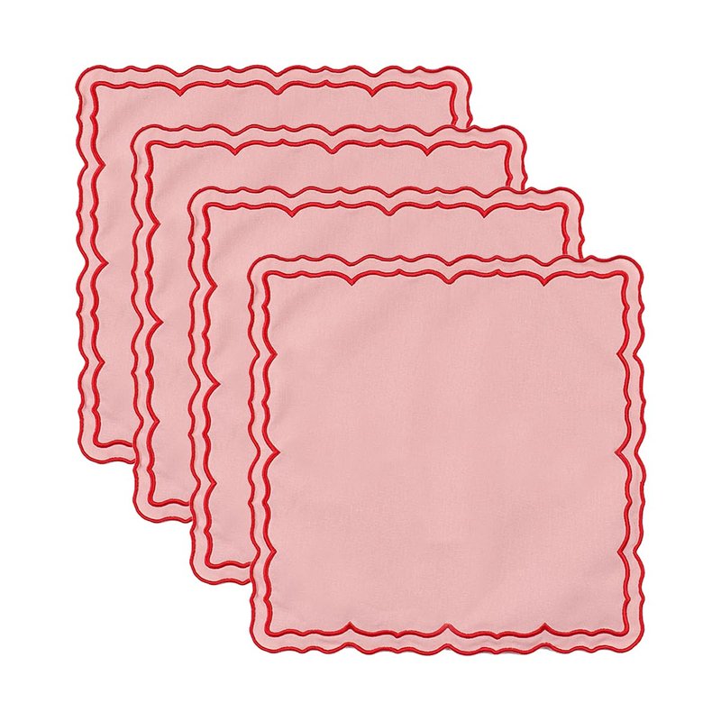 MIKI WELL Scalloped Embroidery Cloth Napkins Set of 4 14"X14" Cotton Napkins for Potluck Party Wedding Table Decor (Square Pink with Red)