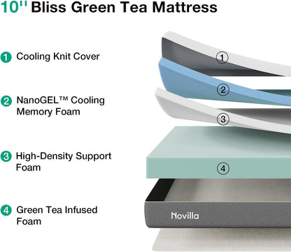 Novilla Bliss Twin XL Mattress - 10 Inch Green Tea Memory Foam for Refreshing Sleep | Cool-Touch Cover & Pain Relief