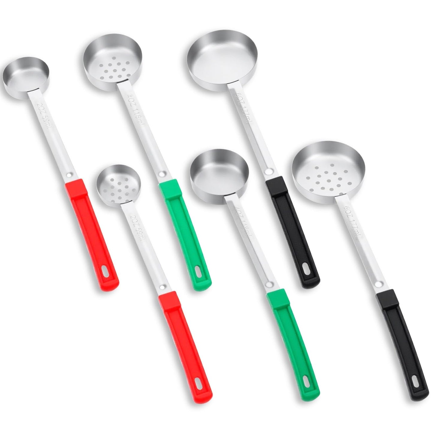 Kifmurase 6Pcs Portion Control Serving Spoons, Portion Scoops Cups Solid and Slotted Stainless Steel Ladle Spoon for Food, Measuring Serving Utensils for Restaurants (6OZ, 4OZ, 2OZ)