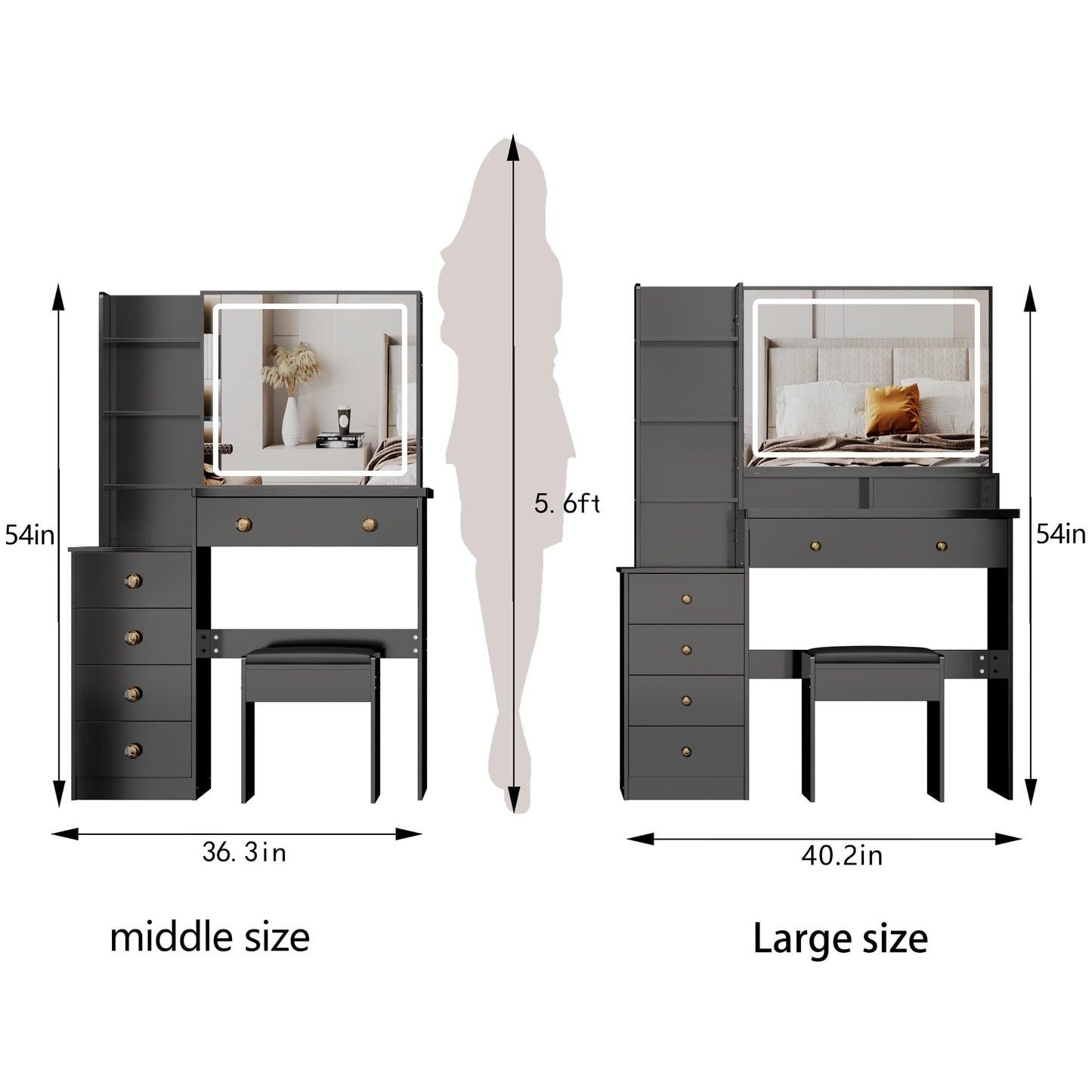 KEIKI Extra-Wide Vanity Desk with Mirror, LED Lights,3 Lighting Colors，Touch-Control,Adjustable Brightness,Cushioned Stool,41'' Makeup Vanity Table Set with 5 Storage Drawers and Shelves,Black