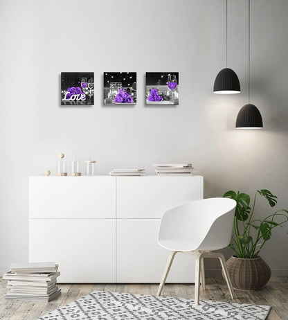 Purple Rose Flower Pictures Wall Art Decor for Kitchen, Wine Glass, Candle, Love, 3 Piece Canvas Prints Set 12x12inch