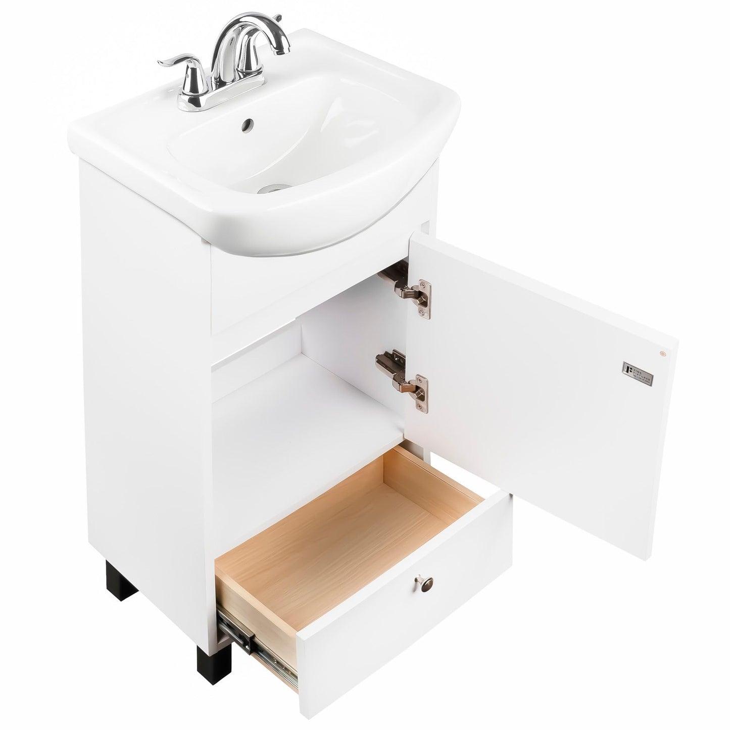 Fine Fixtures Petite 18 Inch Bathroom Vanity with Sink, Small Freestanding Bathroom Cabinet, Space-Saving Vanity Sink Combo Design, Dual Storage, Satin White