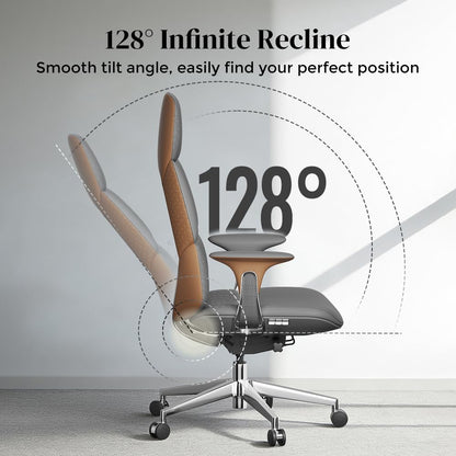 OMIDI Nyla Executive Office Chair - Genuine Leather Ergonomic High-Back Desk Chair with Adjustable Lumbar Support, Tilt Lock, Executive, Home Office, Gray, Litchi Grain