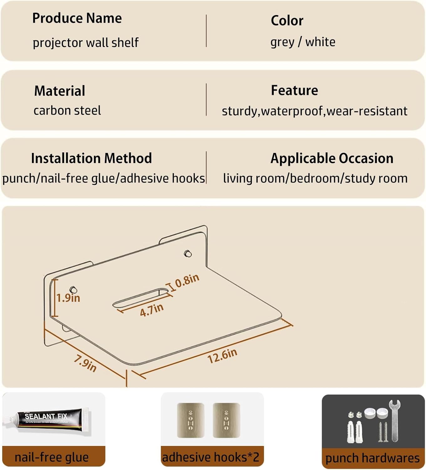 Projector Wall Mount Shelf Floating, Metal Projector Shelf for Wall, No Drilling Projector Stand for Cable Box