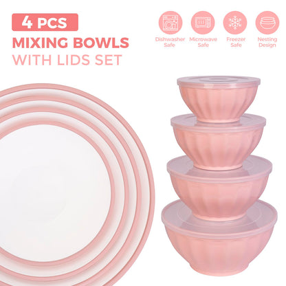 BoxedHome Mixing Bowls with Lids Set, 4PK Large 0.2” Thick Plastic Nesting Mixing Bowl, Microwave Safe,Size 1.37,2.32,3.8 and 5.07qt, Pink