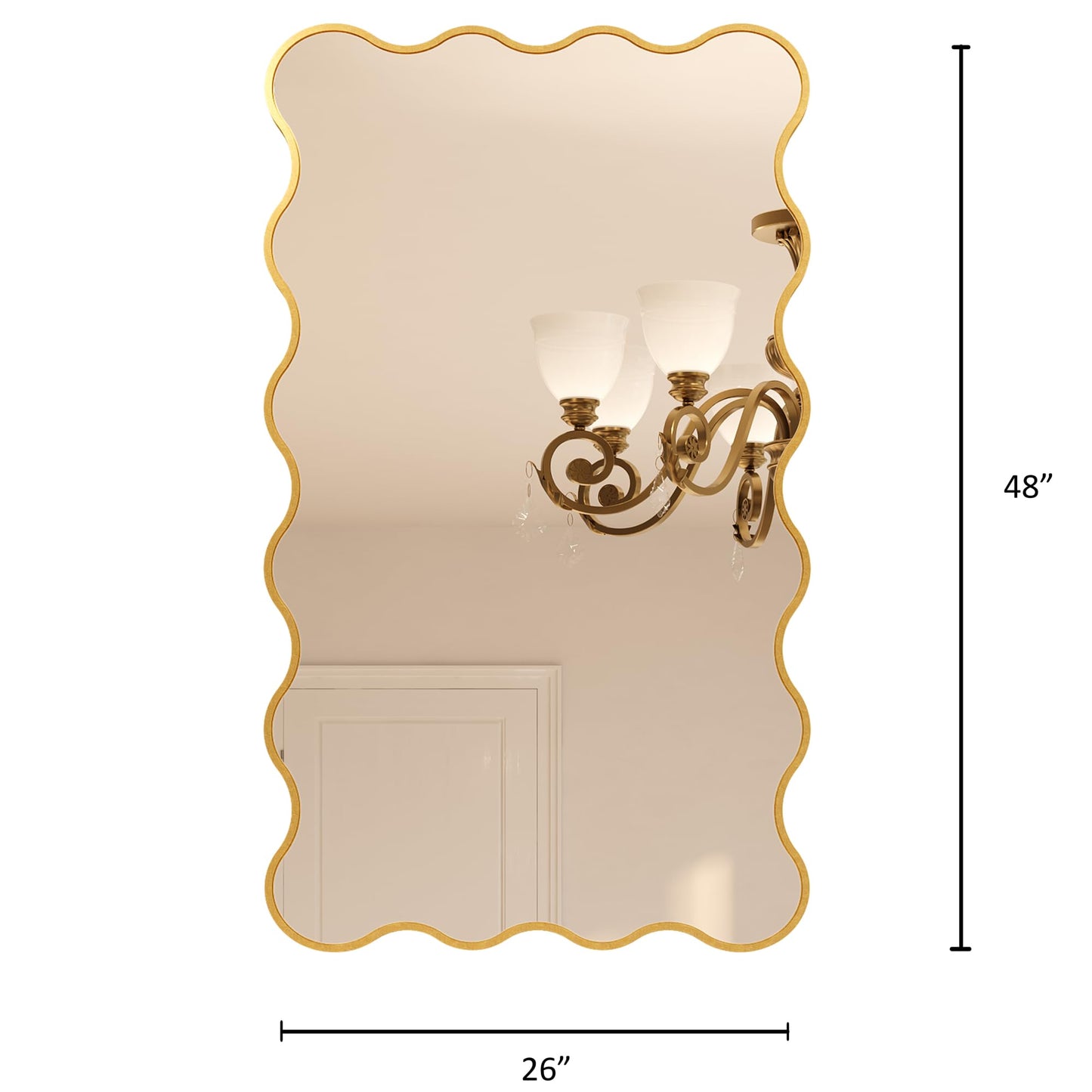 Kelly Miller 26x48 Inch Gold Scalloped Mirror, Large Rectangular Wavy Edge Bathroom Vanity Wall Mirror Decorative for Bedroom Living Room Entryway Fireplace Mantle