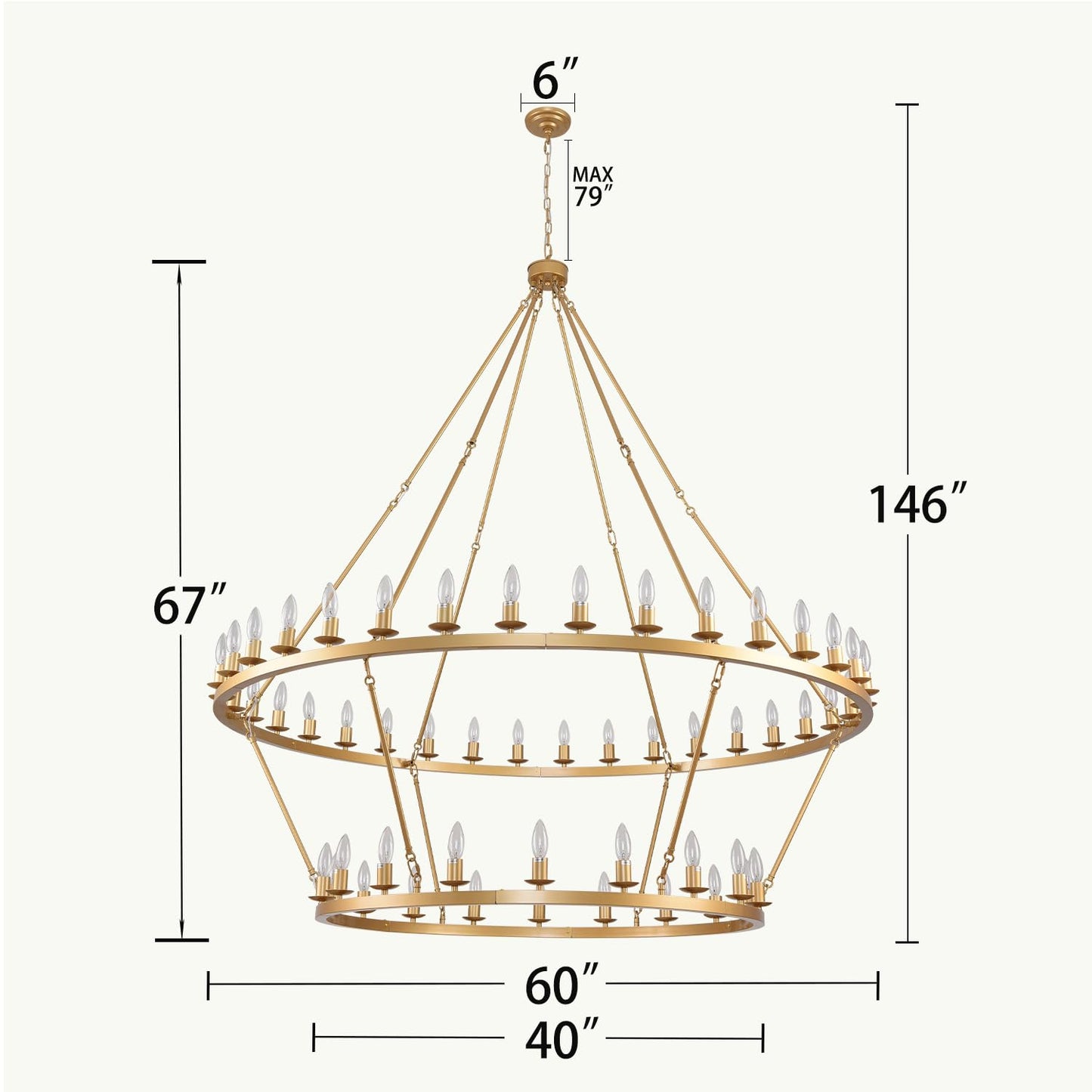 JKLX 60 Inch Gold Extra Large Wagon Wheel Chandelier, 2 Tier 54-Lights Farmhouse Industrial Round High Ceiling Pendant Light Adjustable Chain, for Dining Room, Living Room