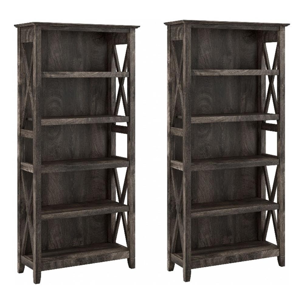Bush Home Key West 5 Shelf Bookcase - Set of 2 | Tall Bookshelves in Dark Gray Hickory | Sturdy Display Shelves for Library, Living Room, and Home Office