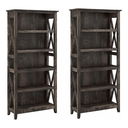 Bush Home Key West 5 Shelf Bookcase - Set of 2 | Tall Bookshelves in Dark Gray Hickory | Sturdy Display Shelves for Library, Living Room, and Home Office