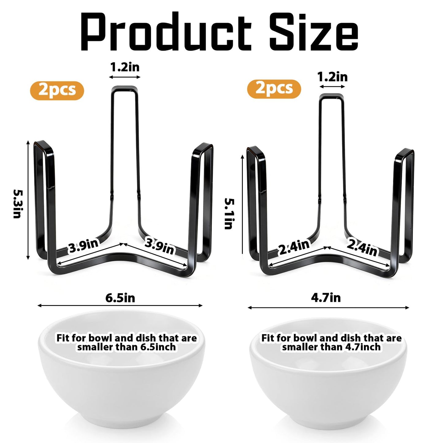 AOZUO 4 Pcs Dinnerware Bowl Plate Holder Fit for 4.7 and 6.5 Inches Diameters Bowl, Metal Bowls Storage Dying Display Rack Bowls Holder Organizer for Kitchen Drawer Countertop Cabinet Cupboard Shelf