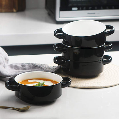 Sweejar Ceramic Soup Bowls with Double Handles, 20 Oz Stacked Bowls for French Onion Soup, Cereal, Pot Pies, Stew, Chill, Pasta, Set of 4 (Black)