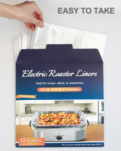 Electric Roaster Liners 12 Count, Disposable Plastic Cooking Bags for 16, 18, 22 Quart Roasters, Size 18 x 34 Inches