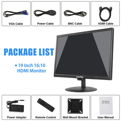 Suprlipy 19 inch FHD Small IPS Monitor LCD Display Screen 1440x900 60Hz 16:10 with HDMI BNC VGA AV USB Input Built-in Lounspeakers for CCTV Security Camera DVR PC RasPi
