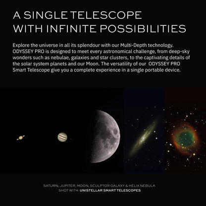 Odyssey PRO - UNISTELLAR Smart Telescope (with Eyepiece), 85mm f/3.9 (320mm) Digital & Computerized, App-Controlled Motorized Alt-Az, Enhanced Vision, RAW/FITS Export, 64GB, 5h Battery (Black)
