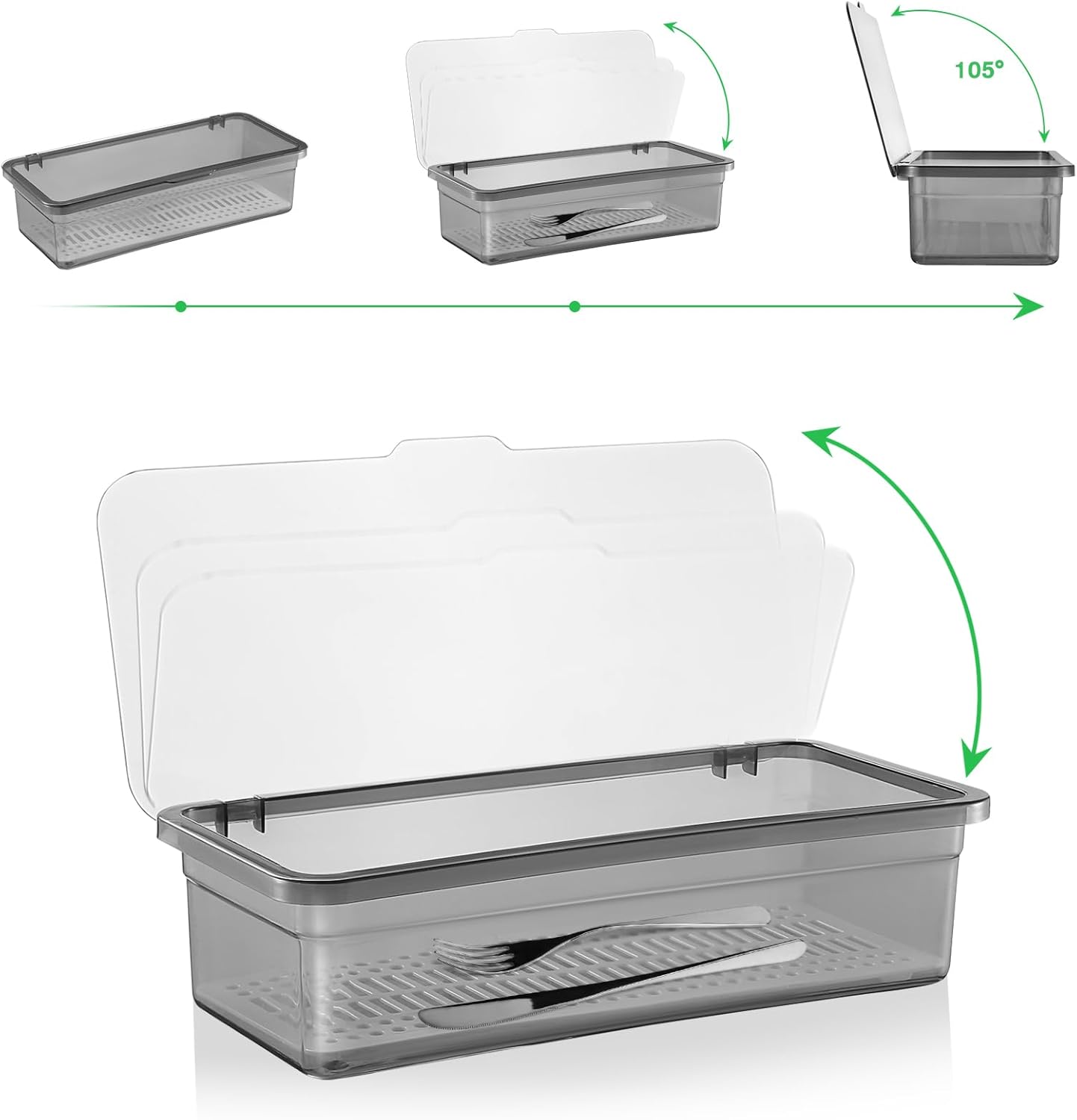 Flatware Tray Kitchen Drawer Organizer with Lid, Plastic Cutlery Tray and Utensil Storage Container with Cover,