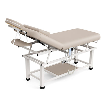 Heating Function 30 Wide x 75 Long Heavy Duty Electric Stationary Massage Table with Backrest Adjustable and Storage Space for Treatment/Medical Spa/Facial/Beauty/Massage Bed and More - Beige Gray