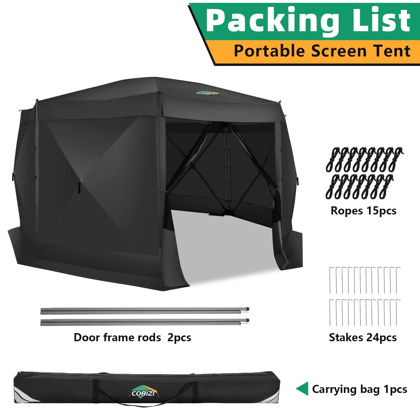 COBIZI 15'x15' Pop Up Gazebo Screen Tent Screen House for Camping, Screen Room with Mosquito Netting, Hub Tent Instant Screened Canopy with Carrying Bag and Ground Stakes, Black