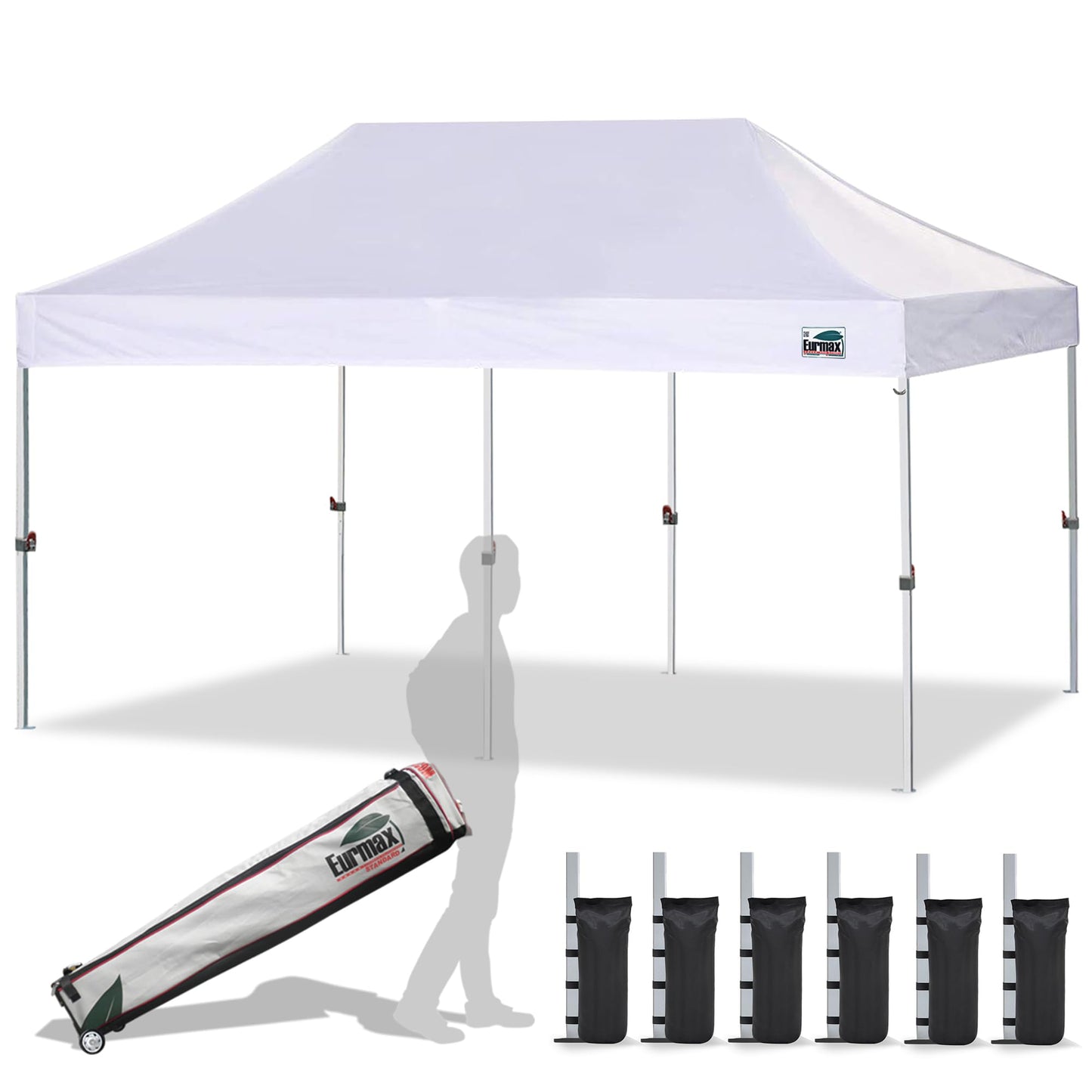 Eurmax USA 10x20ft Pop Up Canopy, Commercial Instant Tent for Outdoor Events, Patented No-Tip Rolling Storage Bag with 6 Sandbags,UV & Water Resistant,Heavy Duty Portable Shelter Gazebo,White