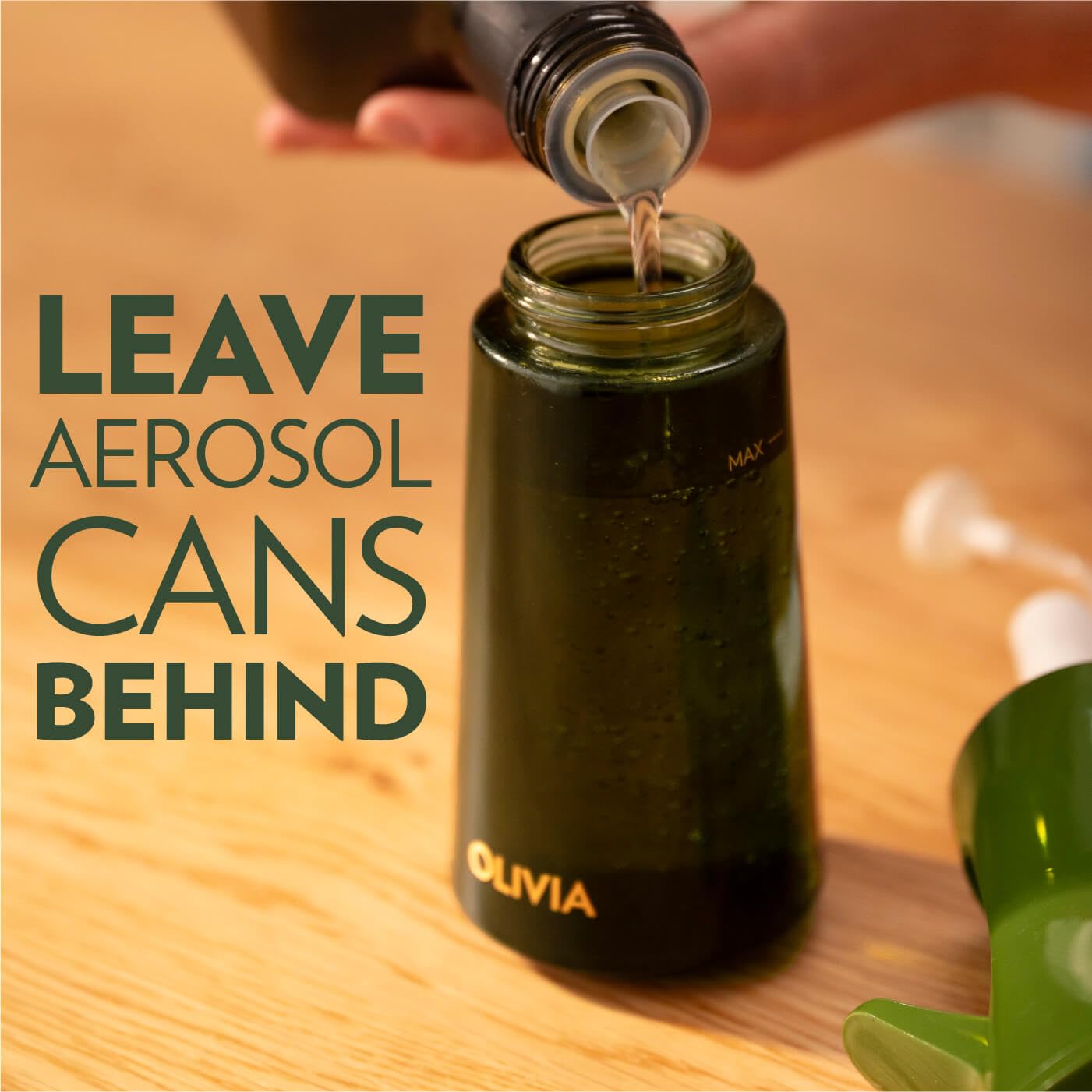 FLAIROSOL OLIVIA Oil Sprayer for Cooking, 200ml Glass Olive Oil Sprayer, Continuous Oil Spray Bottle with Portion Control, Oil Dispenser for Kitchen, Air Fryer, Salad, BBQ (Green Bottle, Gold Print)
