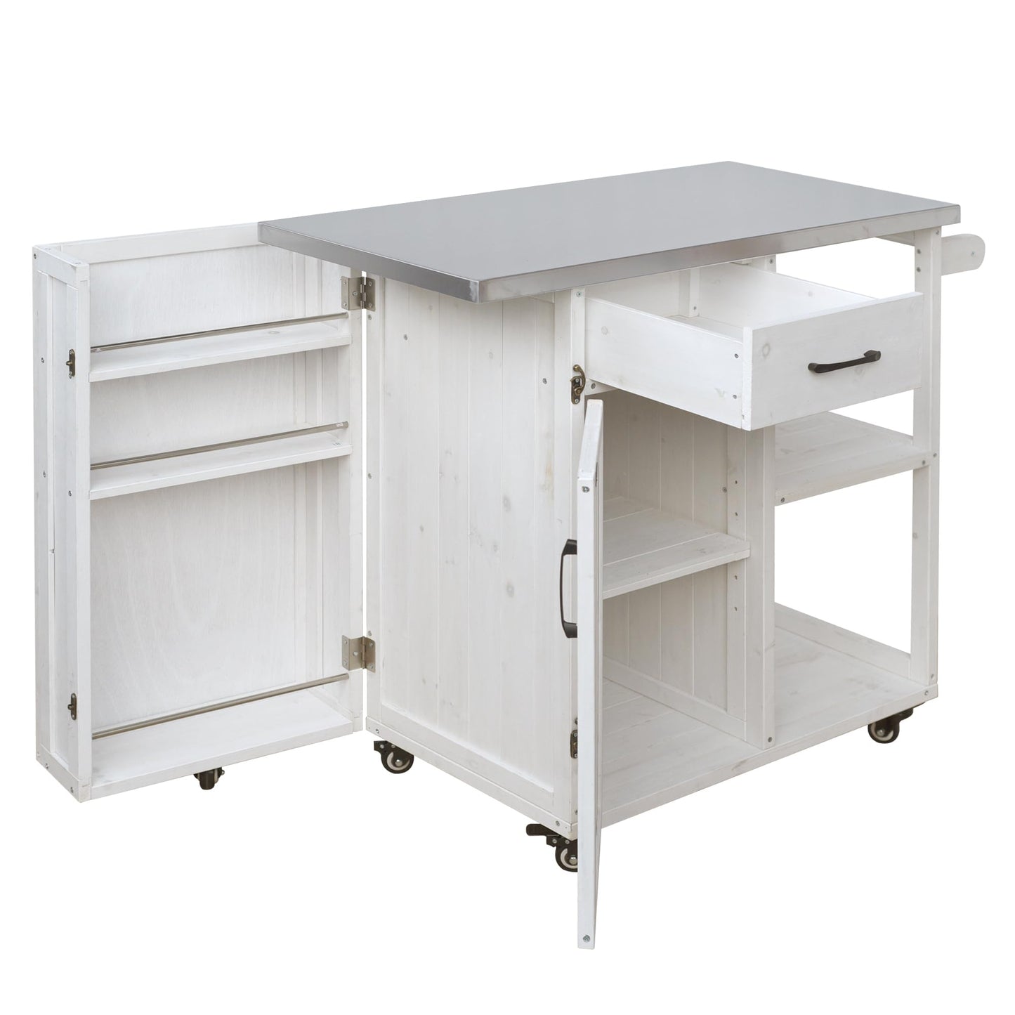 Outdoor Kitchen Island Cart with Stainless Steel Top, Rolling Grill Table with Storage Cabinet Drawer Shelves and Towel Rack, Wooden BBQ Prep Station with Lockable Wheels for Patio Backyard, White