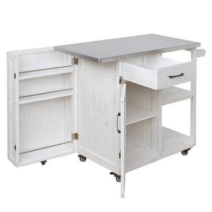 Outdoor Kitchen Island Cart with Stainless Steel Top, Rolling Grill Table with Storage Cabinet Drawer Shelves and Towel Rack, Wooden BBQ Prep Station with Lockable Wheels for Patio Backyard, White