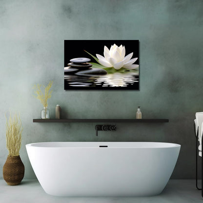 LZIMU Zen Canvas Wall Art White Lotus and Black Zen Stones Bloom in Water Picture Prints for Yoga Spa Meditation Spiritual Room Bathroom Decor (Zen-1, 12"x18")
