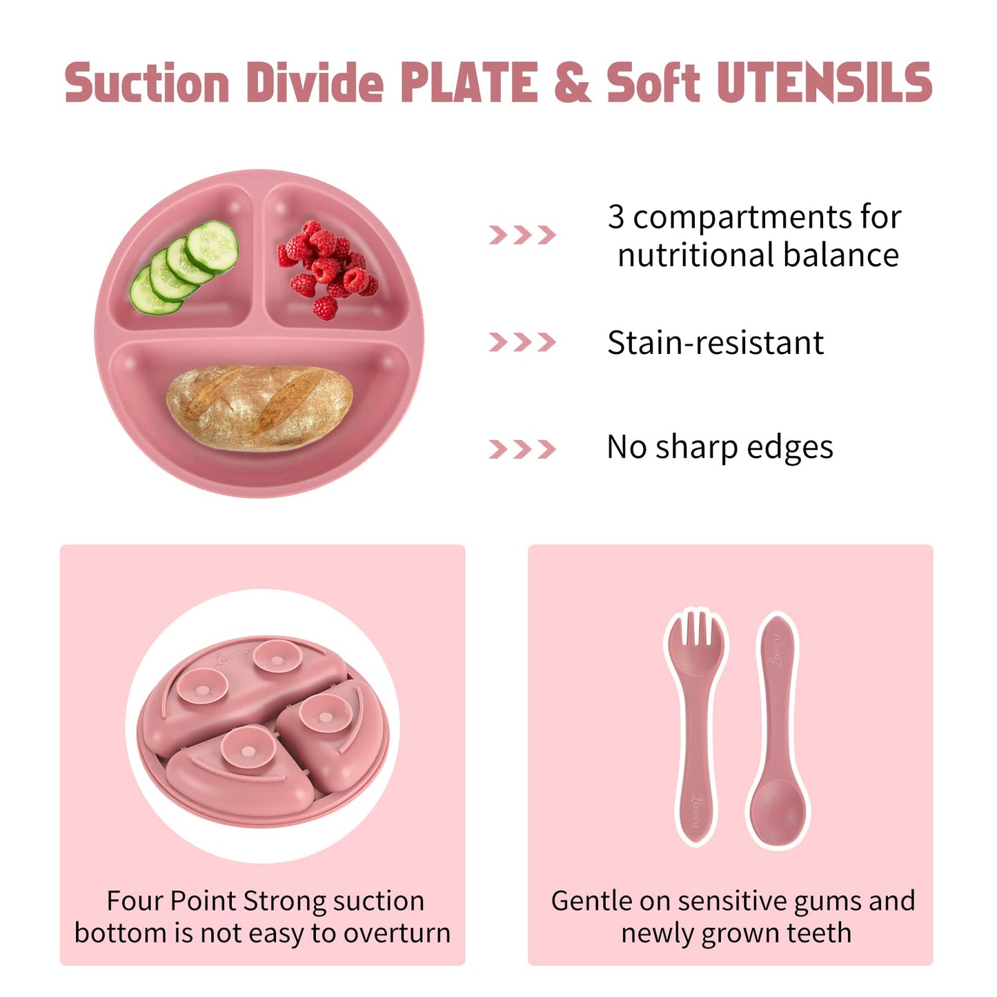 Losecu Silicone Feeding Set|Baby Led Weaning Supplies|Suction Plate Bowl Set with Bib, Spoon, Fork, Sippy Cup|Feeding Eating Supplies BPA Free