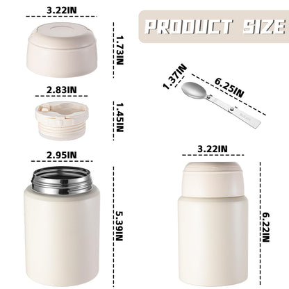 zeeooil Insulated Food Jar 17oz Thermos for Hot Food Stainless Steel Lunch Container with Spoon Leakproof Soup Thermo for Travel (White)