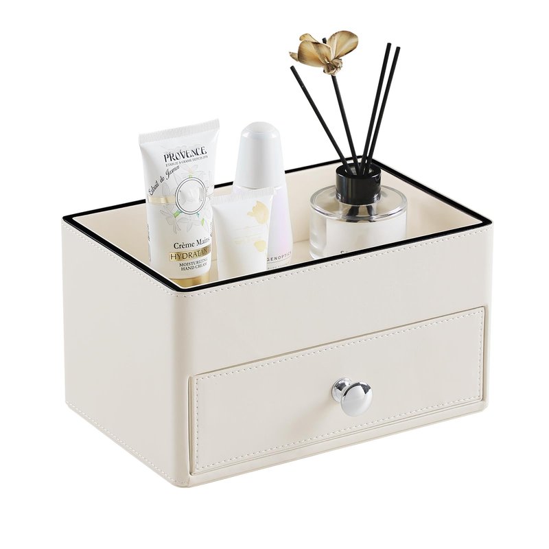 MEIBOOCH PU Leather Desk Organizer with Drawer, Multifunctional Nightstand Organizer, Waterproof Makeup Organizer for Vanity Bathroom Countertop Bedside Table (Beige)
