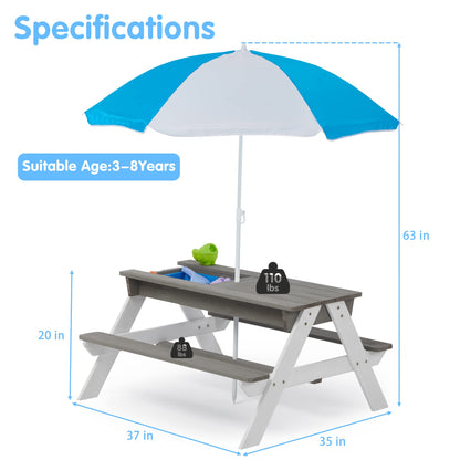 3-in-1 Kids Outdoor Wooden Picnic Table with Umbrella, Convertible Sand & Wate, Gray ASTM & CPSIA Certification