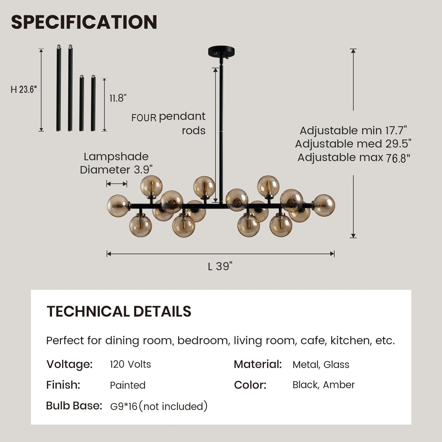 APBEAMLighting Mid Century Modern Chandeliers for Dining Room, 39" Linear Pendant Light Fixtures with Amber Glass Globe, 16-Light Sputnik Hanging Light for Living Room Kitchen Island