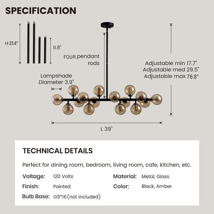 APBEAMLighting Mid Century Modern Chandeliers for Dining Room, 39" Linear Pendant Light Fixtures with Amber Glass Globe, 16-Light Sputnik Hanging Light for Living Room Kitchen Island