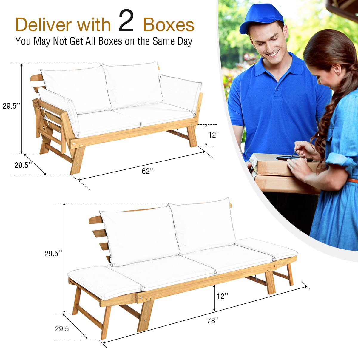 Tangkula Convertible Acacia Wood Patio Couch Sofa Bed with Adjustable Armrest, Outdoor Daybed with Cushion & Pillows, Outside Folding Futon Sofa Couch Bench for Porch, Courtyard, Poolside & Garden